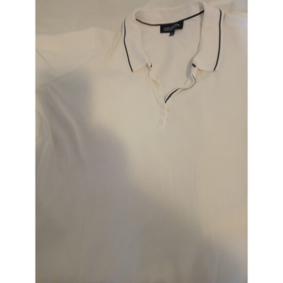 Jones New York Signature Women 2x White Polo/ Navy Trim Short Sleeve Cotton Top - Picture 4 of 14
